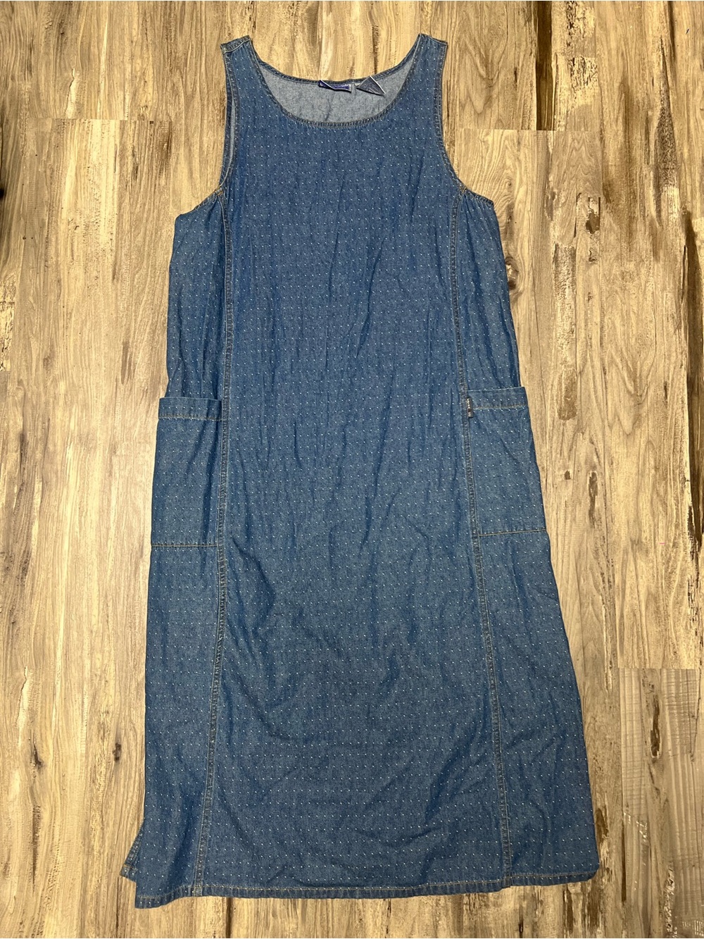 VTG 90s Erika & Co Polka Dot Denim Maxi Jumper Dress Pockets Medium
